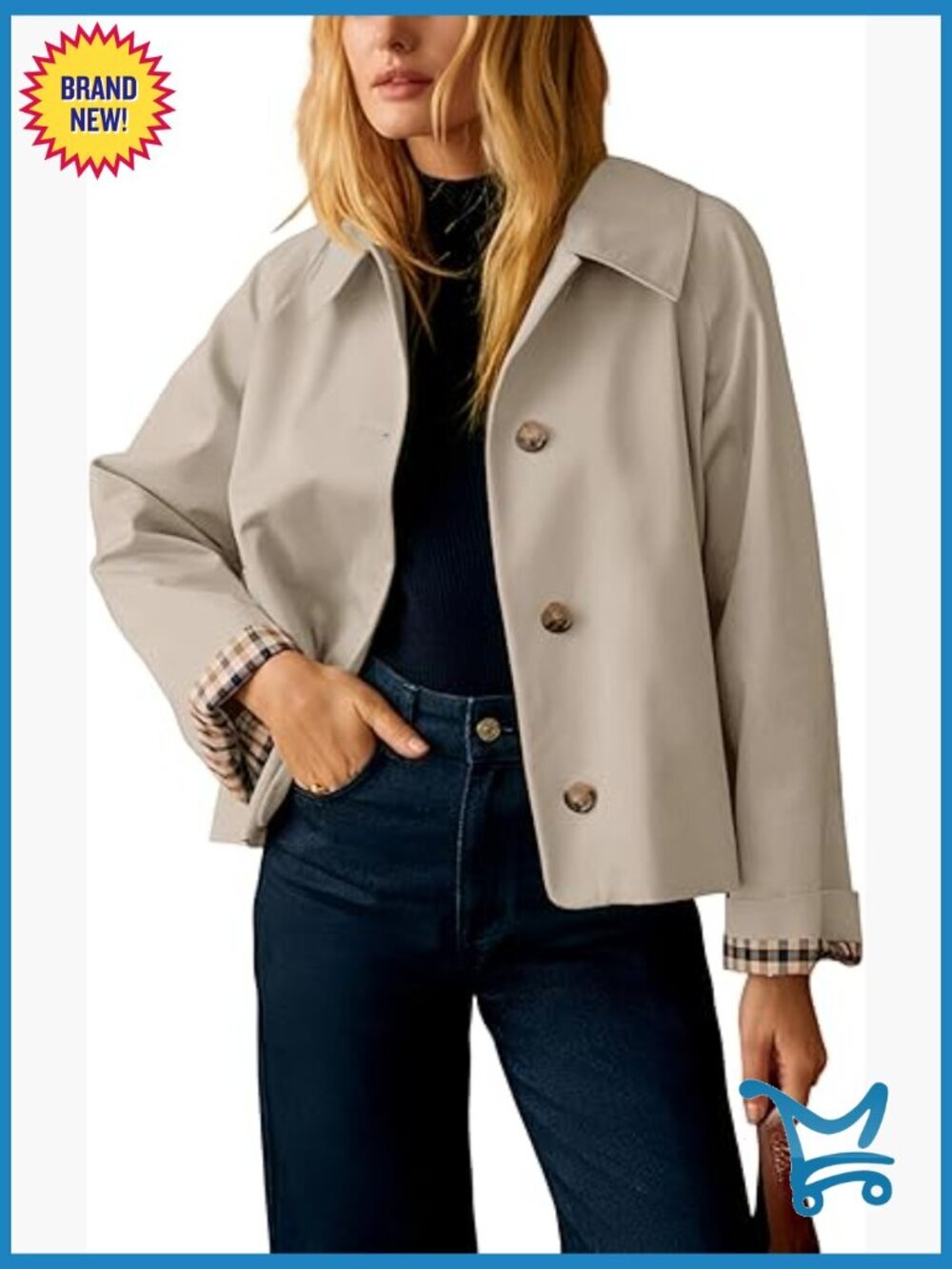 Short Trench Jacket Plaid Lining Button Front Lightweight Casual